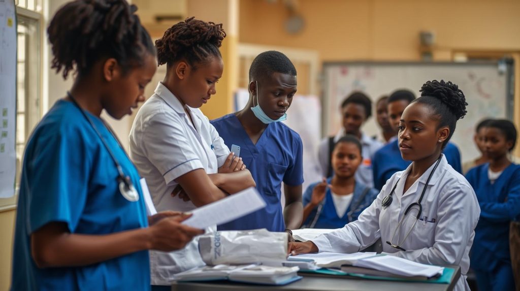 Male and female nurses paying attention toa presentation